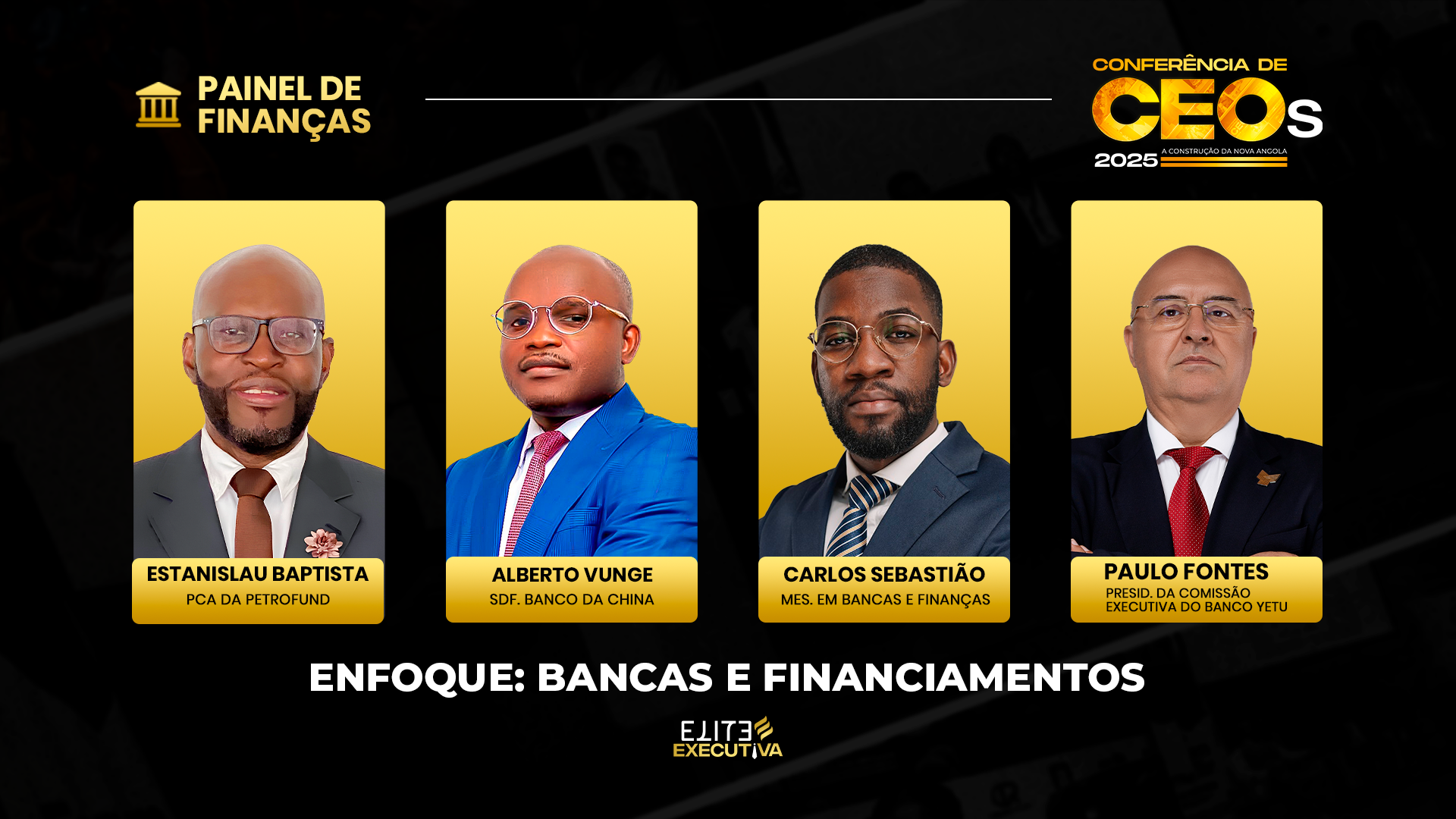 Arte panorâmica do painel de bancas e financiamentos da Conferência de CEOs 2025